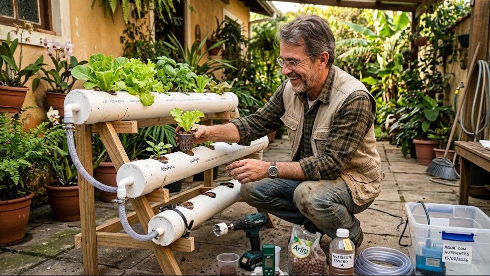 Huerta hidropónica doméstica con vegetales frescos
